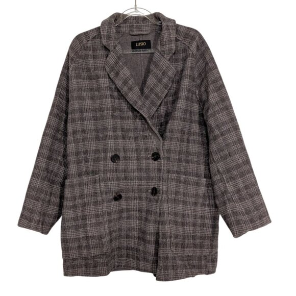Lusio 100% Wool Plaid Jacket Womens Size Medium Gray Double Breasted Unlined - Picture 1 of 13